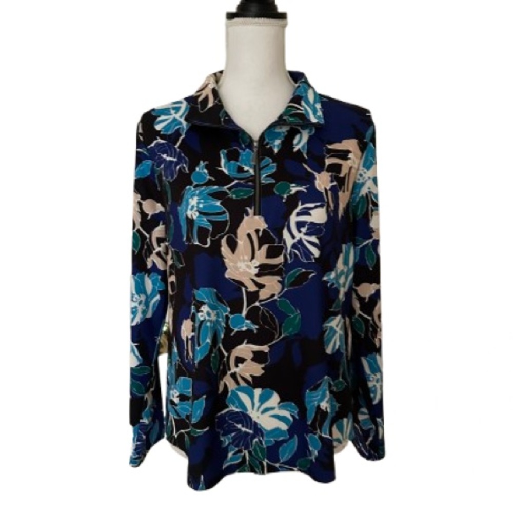 New Chico’s Woman’s Floral Short Zip in Front Top Long Sleeve Blouse, Sz 3 XL